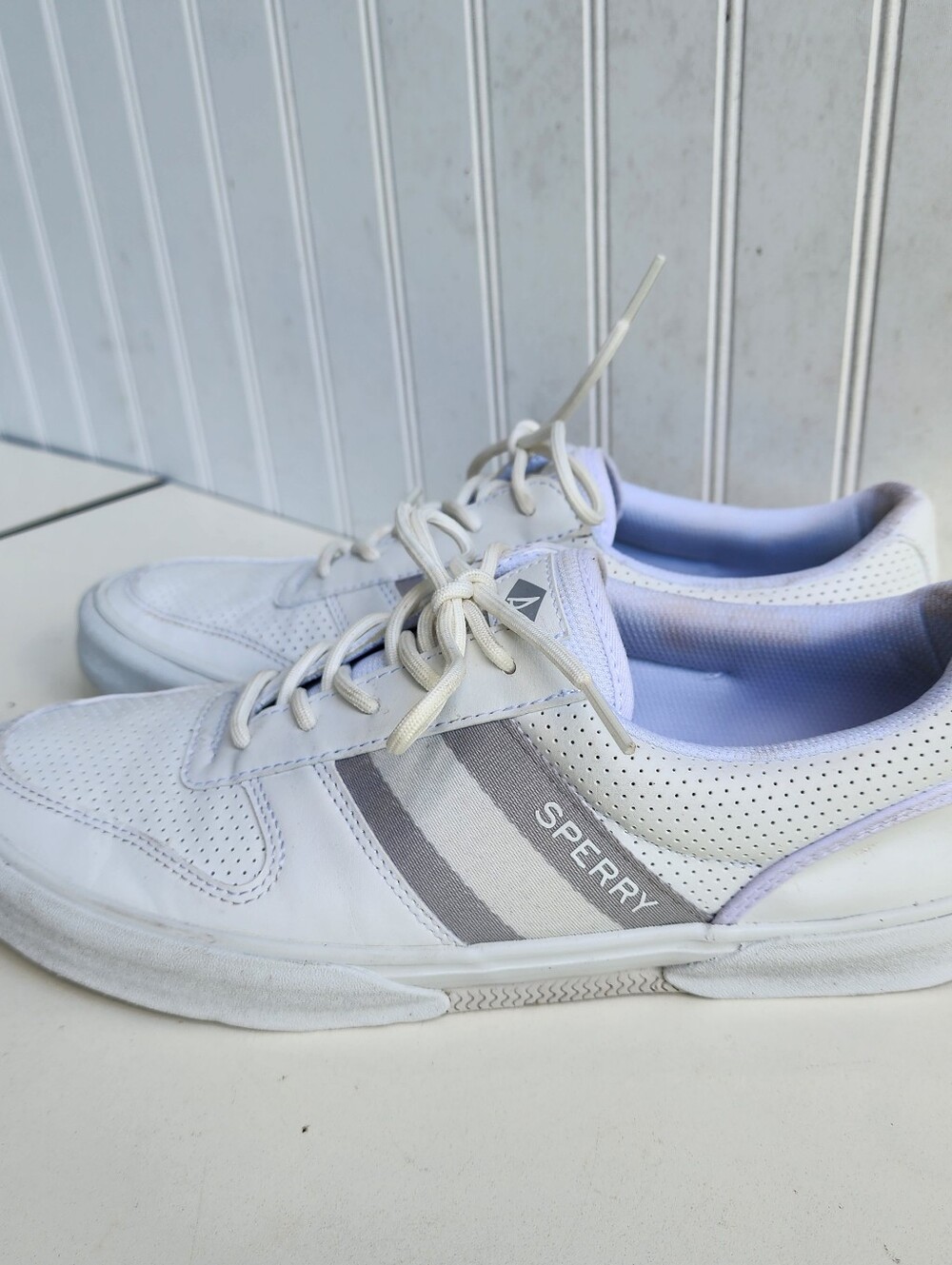 Sperry Top Sider Memory Foam Mens White Leather Sneaker STS24067 Sz 10